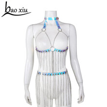Punk Goth Sexy pvc Leather Harness belts Collar metal tassel Choker Bra Frame Body Bondage Cage Belt Straps
