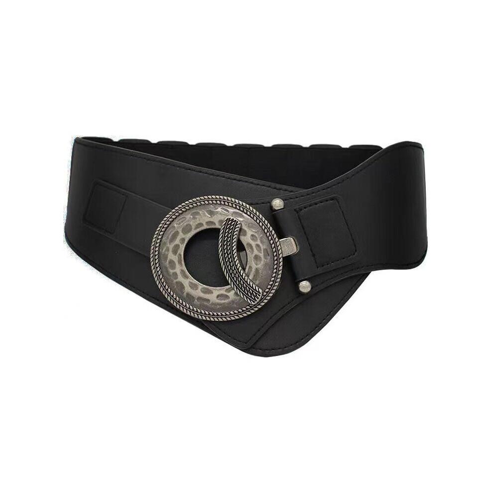 新品☆Round Buckle Leather Wide Belt Women Day Night Fashion Wide Black Elastic Waistband Belt