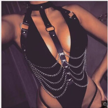 Sexy Women PU Leather Adjustable Night Club Party Metal Chain Bras Body Bondage Belts