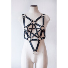 Sexy Women Bandage Buckle Bust Bondage Belts Party PU Leather Patchwork Pentagram Backless Hollow Out Body Bras Belt Punk