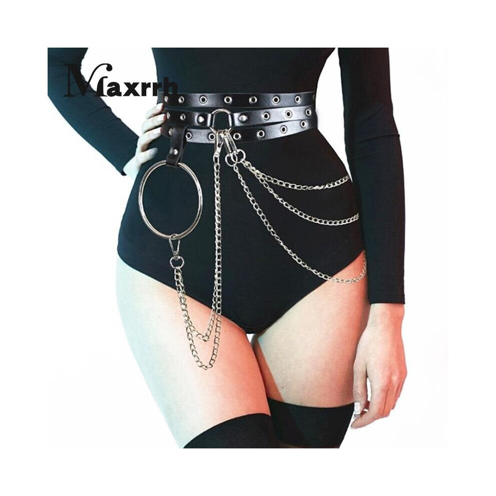 Female Leather Skirt Belts Punk Gothic Rock Harness Waist Metal Chain Body Bondage Hollow Belt Accessories For Lady