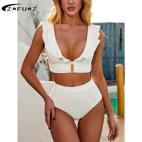 Sexi Bikini Two Piece Women Swimsuits Solid Short Puff Sleeve Summer