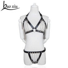 Punk Goth Sexy Real Leather Harness Collar metal tassel Choker Bra Frame Top Body Bondage Cage Belt Straps Rivets