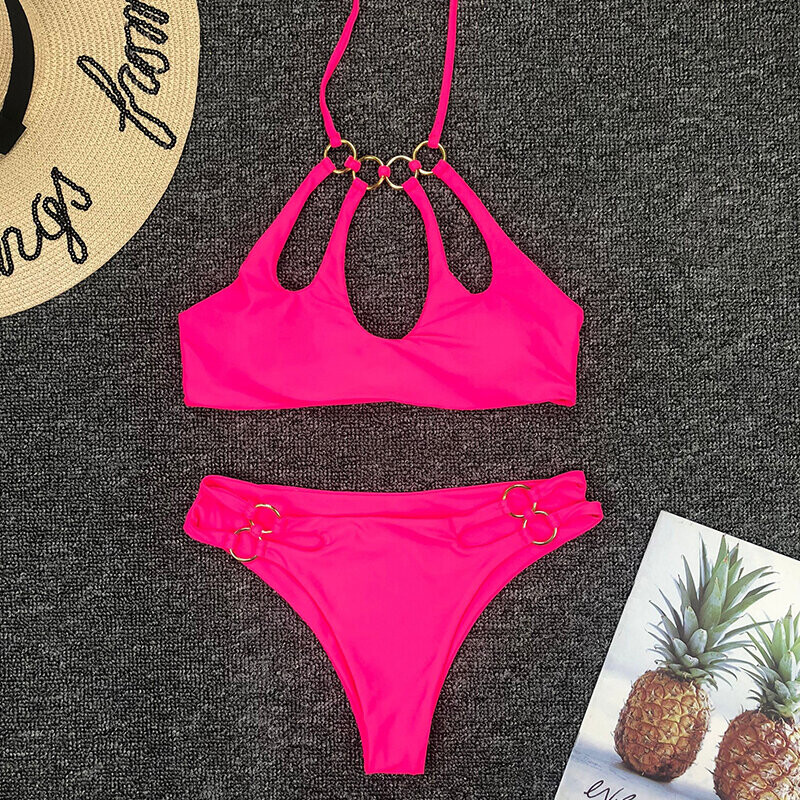 Neon Pink Bikini Sexy Swimwear Women Swimsuit Rings Hollow Out Bathing Suit Two Piece Set 9103