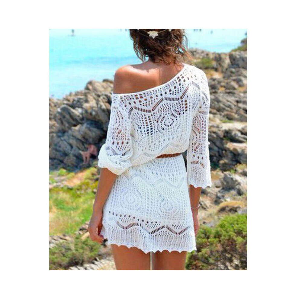 Sexy Women Lace Crochet Bikini Beach Boho Dress Hollow Out Loose Dresses Three Quarter Sleeve Beachwear Mini Dress-image-OPC-PBQPPYZ-NEW