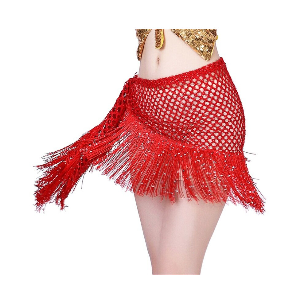 Women's Red Crochet Tassel Skirts Beach Cover Up For Belly Dance Hip Skirts Sequins Tassel Hip Wrap Scarf Costume Swimsuit