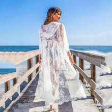 Lace Mesh Hollow Out Hooded Cover Up Women See Through Cardigan Long Solid Loose Breathable Bikini Smock