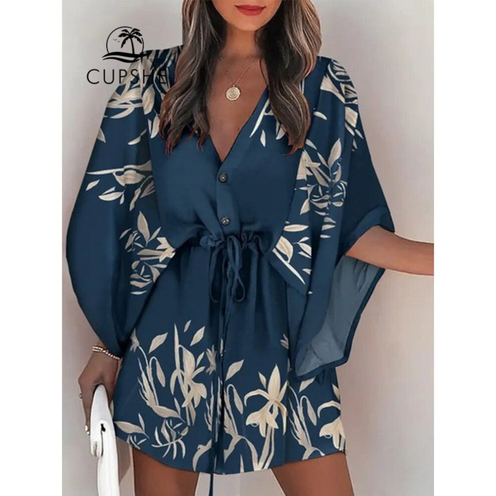 V-neck Flared Sleeve Bikini Cover Up For Woman Navy Loose Lace Up Holiday Beach Tunic Summer Mini Dress Beachwear-image-OPC-PBQPSNH-NEW