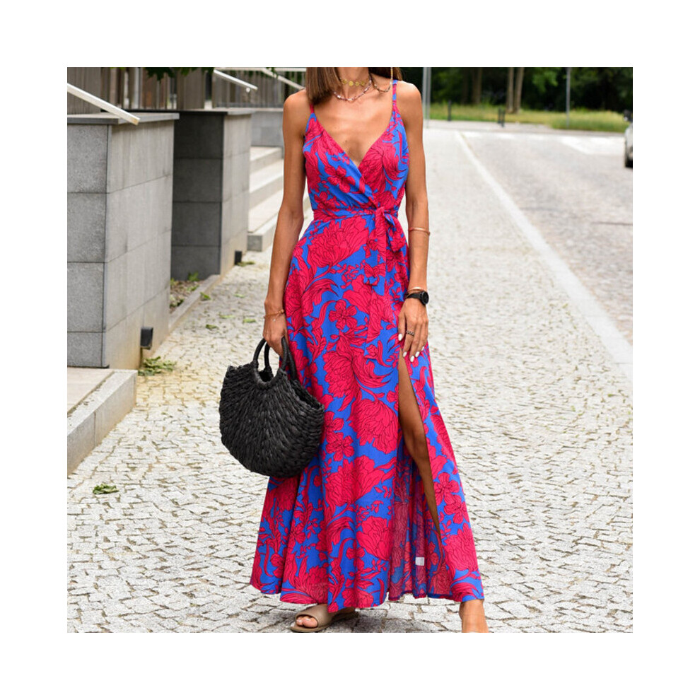 Vintage Printed Tie-up Bohe Suspender Dress Women V-neck Hight Split Long Dress Summer Sexy Sleeveless Beach Cover Up-image-OPC-PBQPT82-NEW
