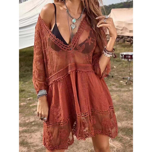 Jastie Deep V Neck Boho Beach Outing Sheer Sexy Lace Tunic Pareo Swimwear Summer Vintage Short 4650