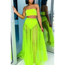 Summer Beach Outfits Sexy Neon Clothes Strapless Crop Top Mesh Pleated Skirt Women Two Piece Sets Party Clubwear