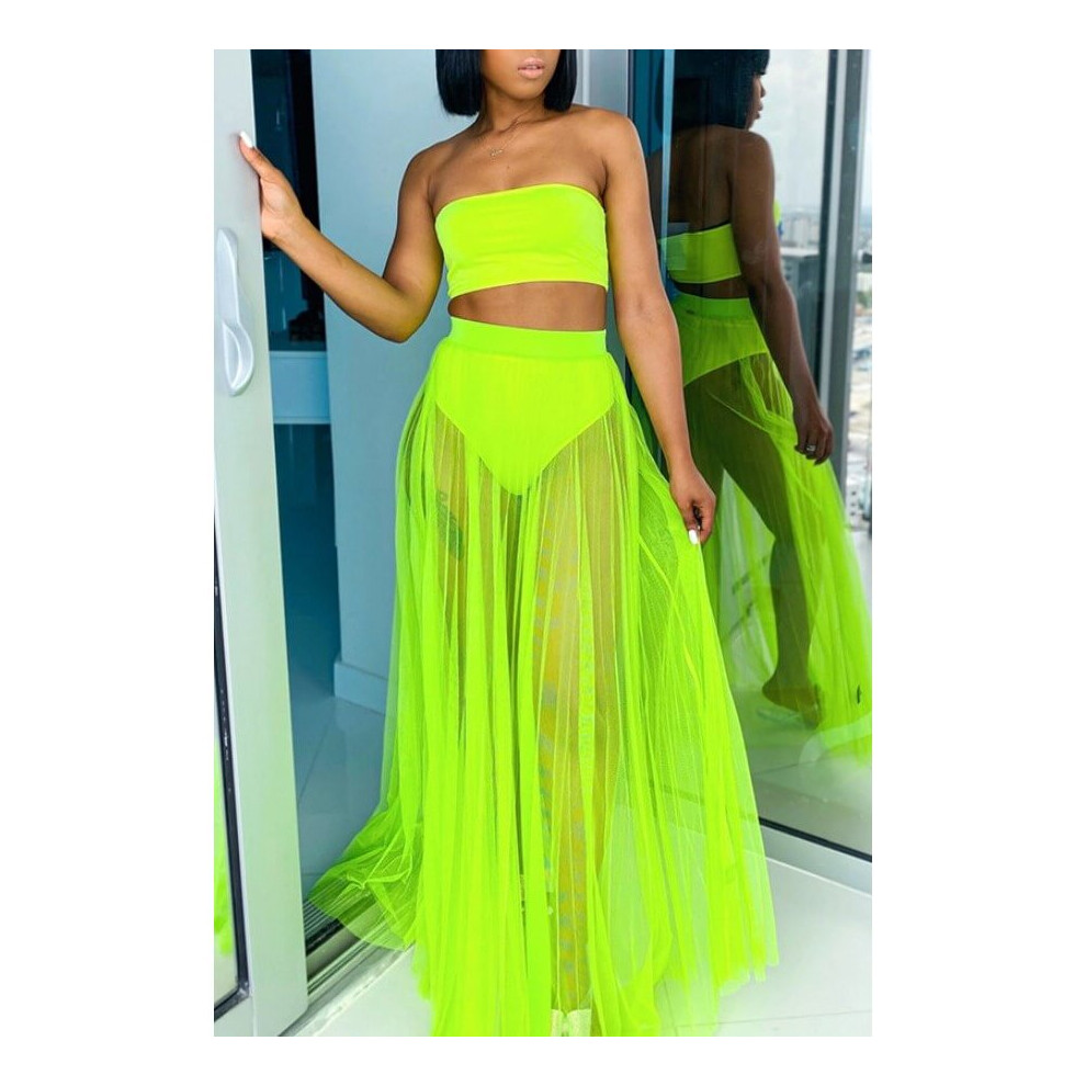 Summer Beach Outfits Sexy Neon Clothes Strapless Crop Top Mesh Pleated Skirt Women Two Piece Sets Party Clubwear