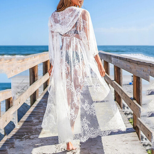 In-X Sexy lace beach dress Hooded long kaftan kimono Transparent swimsuit  cover ups Beach wear Bathing suit Cover up