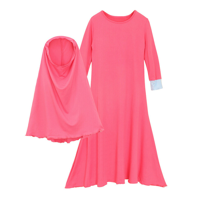Muslim Islamic Girl Dress Long Sleeve Dresses Abaya Kaftan For Girls Dress+hijab