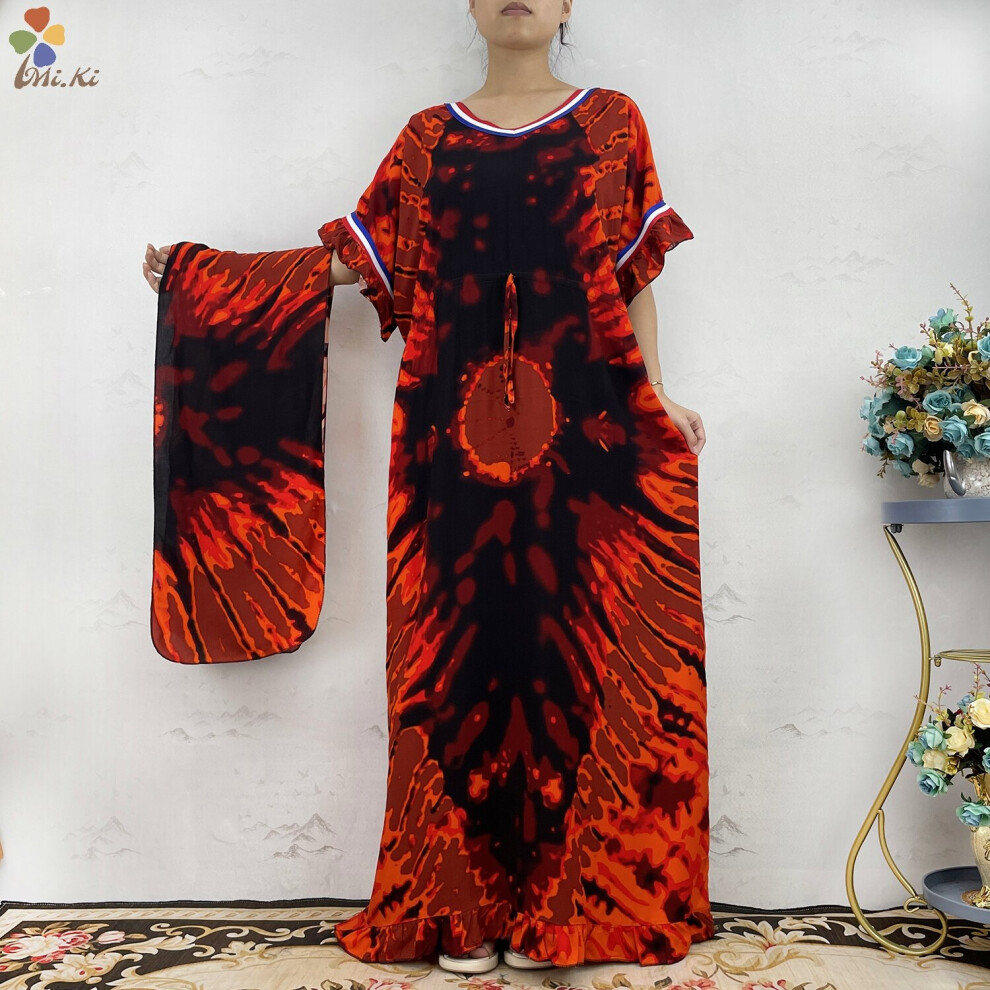 Selling Short Sleeve African Abaya Dashiki Floral Tie-dye Long Cotton Lady Summer Maxi Casual Loose Dresses-image-OPC-PBQPYXD-NEW
