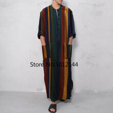 Muslim Mens Shirt Striped Print Robes Homewear Jubba Thobe Abaya Dubai Arabic Caftan Pakistan Vetement Homme Djellaba