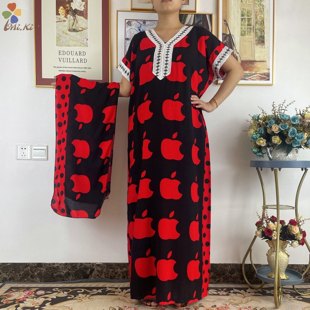 African Clothes Women Abaya Dashiki Cotton material Floral Print Short Sleeve Party Robe with Headscarf Maxi Long Dress-image-OPC-PBQPZ8S-NEW