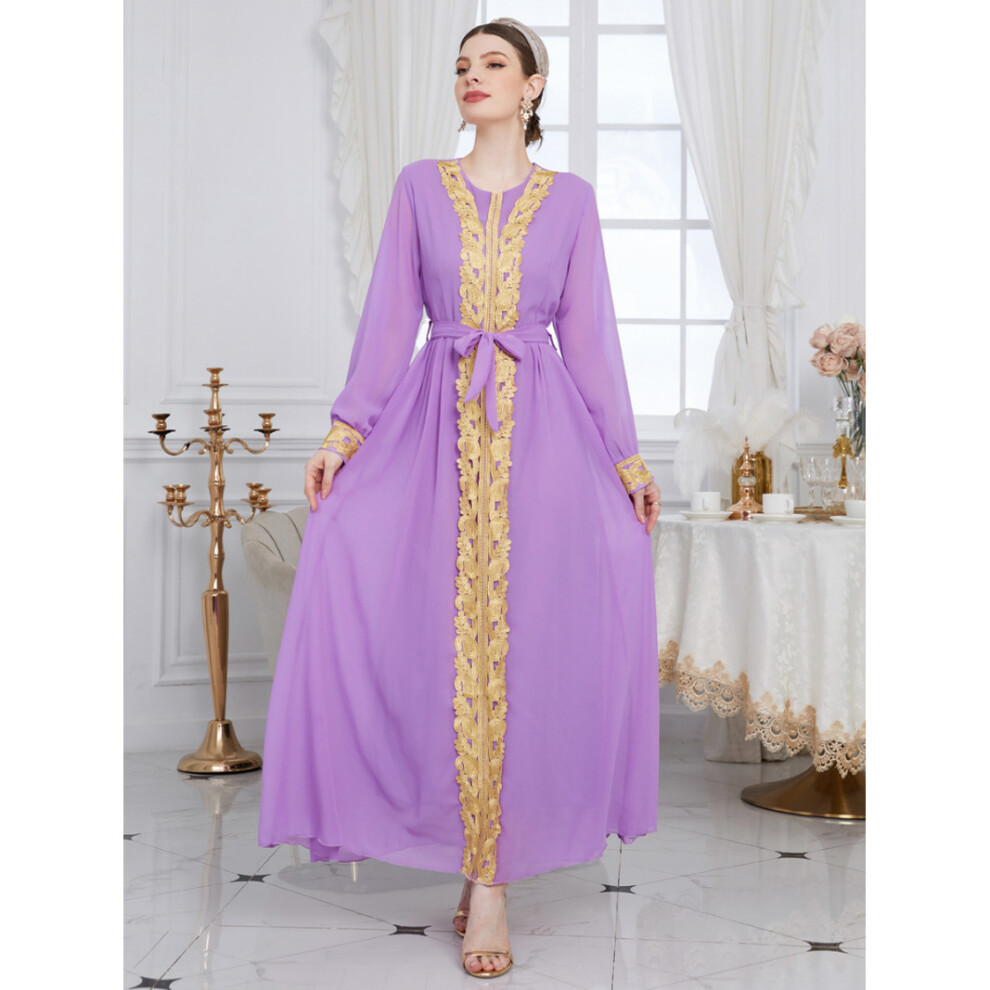 Dresses For Women Floral Lace Patchwork Solid Purple Long Sleeve Chiffon Long Dress Belt Abaya Ramadan-image-OPC-PBQPZBQ-NEW