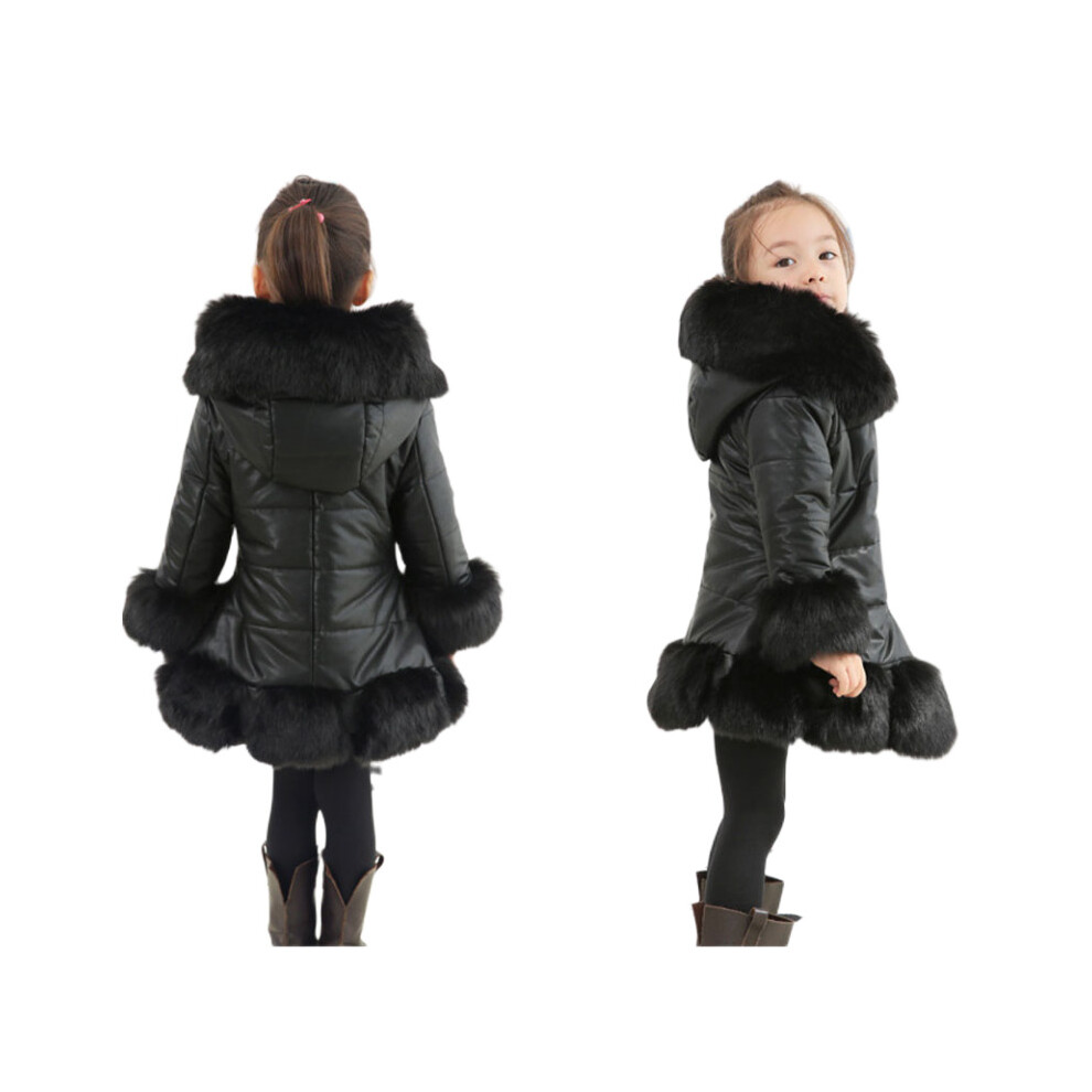 (Black, 9-10 Years) Girls Kids Winter Coat Jacket PU Puffer Fur Hooded