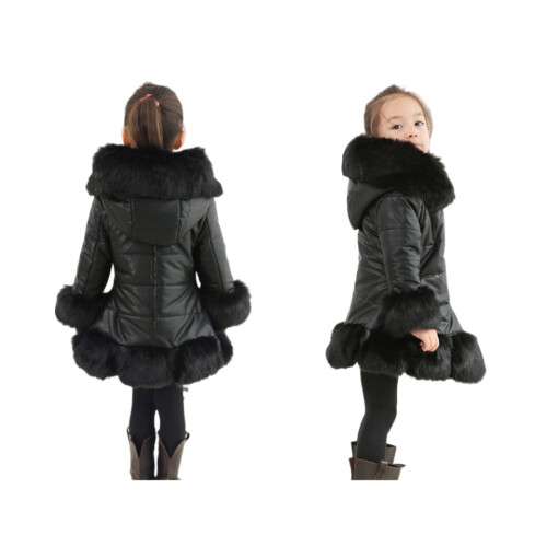 (Noir, 4-5 ans) Doudoune PU matelassée pour filles, capuche en fourrure