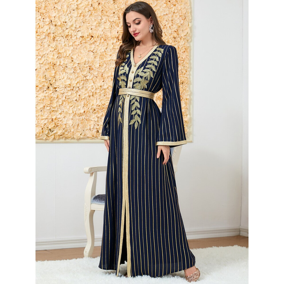 Wepbel V-neck Abaya Hijab Islamic Clothing Ramadan Party Muslim Maxi Dress Long Sleeve Embroidery Autumn Muslim Dress Dress-image-OPC-PBQQ5JR-NEW