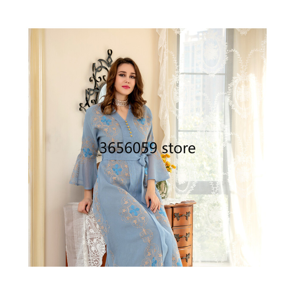 2023 New Ethnic Casual Maxi Dress Women Simple V Neck Long Sleeve Fashion  Party Robe Arabic Turkey Middle East Clothing Größe L Farbe green