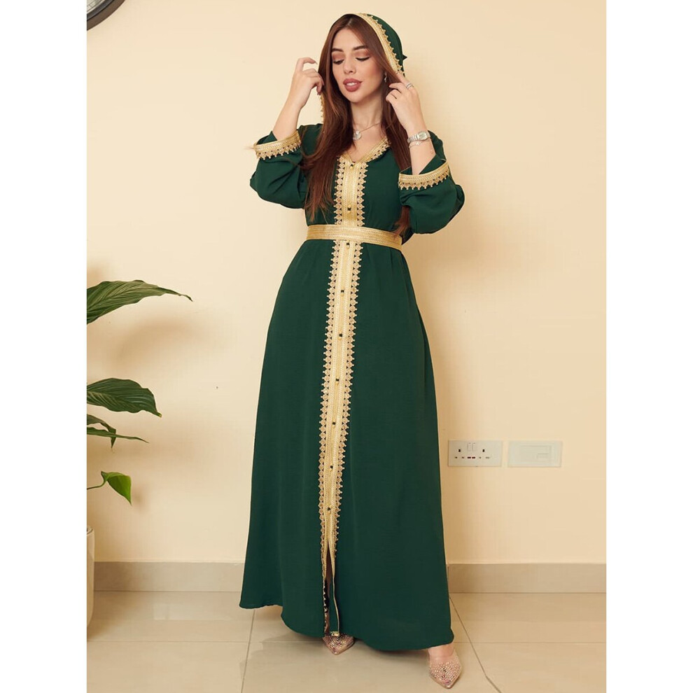 Vintage Cotton Linen Green Hooded Dress Muslim Woman Abaya Casual Belt Swing Dress Ramadan Feminine Clothes-image-OPC-PBQQ7MR-NEW