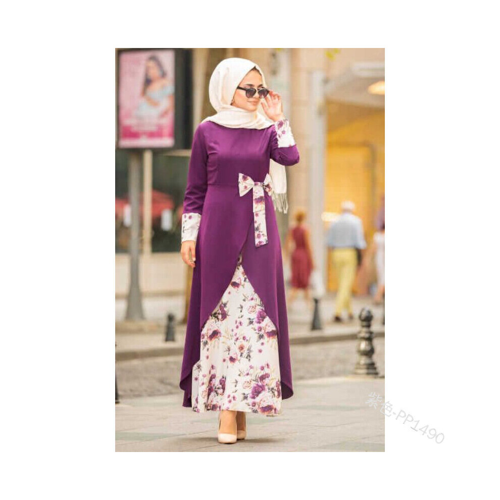 Muslim Dress Women O Neck Full Sleeve Casual Autumn Floral Bow Abaya Islamic Lady Maxi Dresses-image-OPC-PBQQ7VF-NEW