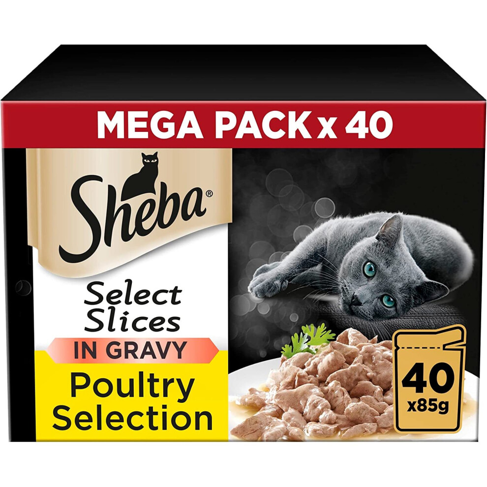 Sheba Select Slices Poultry Collection in Gravy 40 Pouches, Adult Wet Cat Food, Megapack (40 x 85 g)