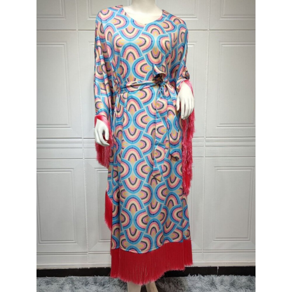 Floral Print Bat Sleeve Oversized Gown Dresses Tassel Patchwork Belted Banquet Kaftan Turkey Muslim Abaya Women Dress-image-OPC-PBQQ7HN-NEW