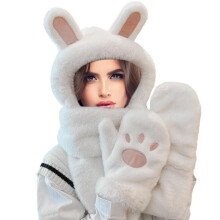 Scarf 3 In 1 Soft Furry Scarf For Winter Girls Animal Winter Hats Soft Warm Plush Hoodie Cap With Paw Gloves Mitten Scarf