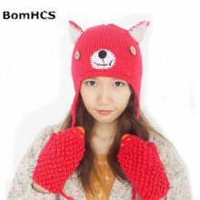 (Red-bear hat) Bear Beanie + Hedgehog Gloves Knitted Winter Thick Beanie Cap Mittens Funny Gift