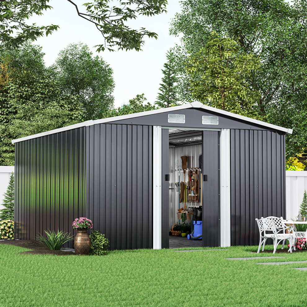 10 x 12 ft Garden Storage Shed Double Door with Foundation Base, Charcoal Black