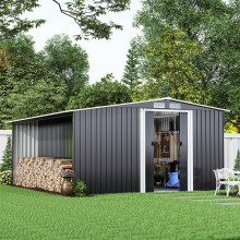 10.83ft x 8ft Metal Garden Tools Shed With Firewood Log Storage-Dark Grey