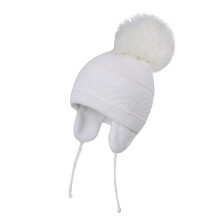 (White-46 48cm 6 12 months) Earflap Hat Girl Winter Boy Beanie Knit Pompom Fleece Lining Autumn Warm Skiing Outdoor Head Accessory For Baby Toddlers Spring