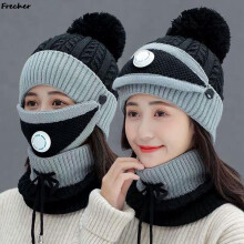Warm Beanies Hat 3 In 1 Women Knitted Hat Winter Scarf And Mask Set Outdoor Skiing Snowboard Climbing Caps Pompom Headwear