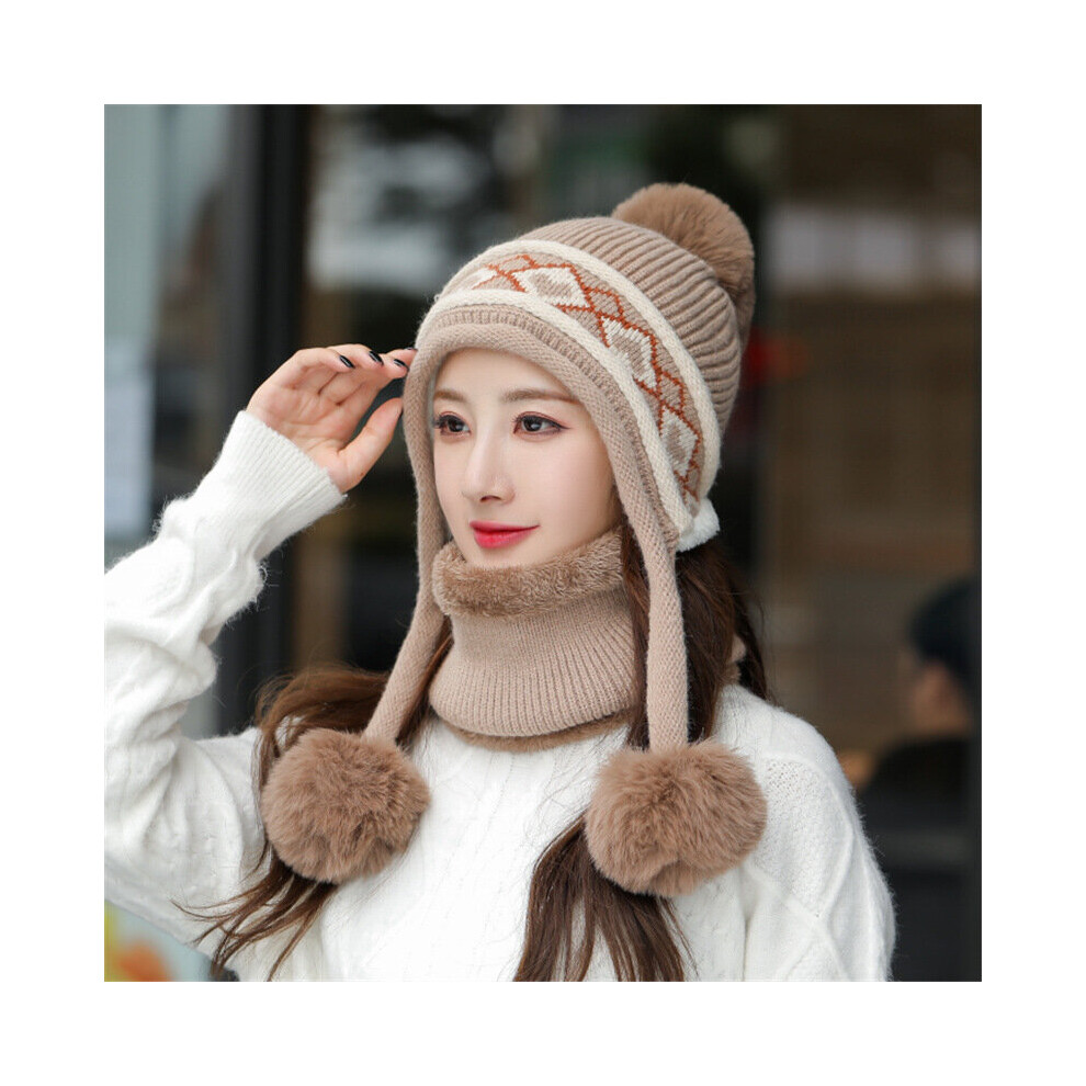 Winter Plush Warm Wool Peruvian Hat Sweet Cycling Bib Suit Knitted Cap Double Pompon Hat Chunky Cable Knit Earflap Crochet-image-OPC-PBQQWRF-NEW