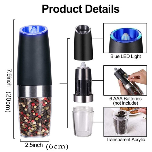 2PCS Electric Salt And Pepper Grinder Set Coarseness Gravity Sensor UK 2