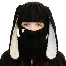 (Black-L) Rabbit Balaclava Beanie Crochet Knitted Hat Skullies Beanie Long Ear Hat Bunny Hat Rabbit Ears Hat Winter Warm Funny Hat
