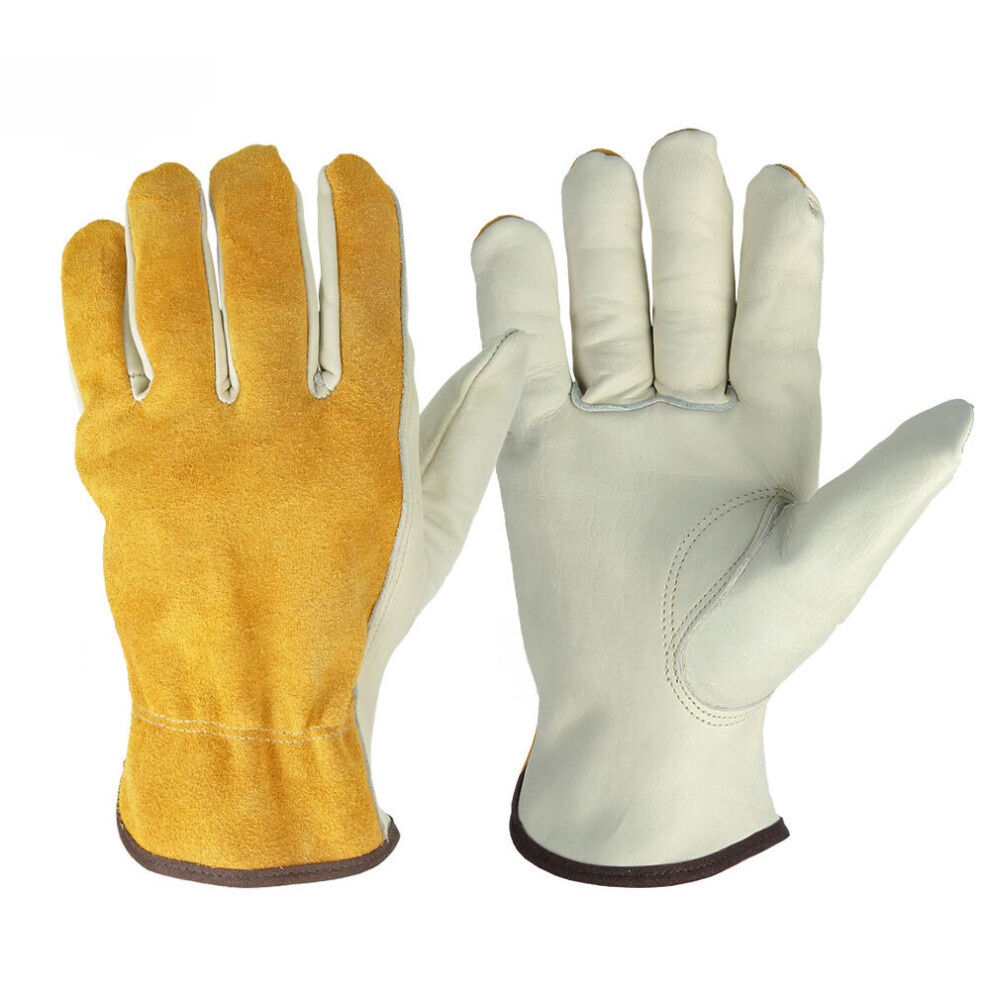 (Apricot White-M) Men Work Gloves Soft Cowhide Driver Driving Farm Garden Welding Security Protection Safety Workers Mechanic Glove 885658027889