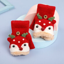 3-8 Years Children Gloves Winter Girls Knitted Half Finger Flip Gloves Plush Thick Warm Cartoon Boy Christmas Deer Kids Mittens