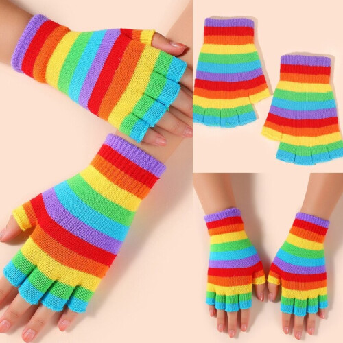 Striped Fingerless Gloves Rainbow Gloves Fingerless Split Finger Gloves 2