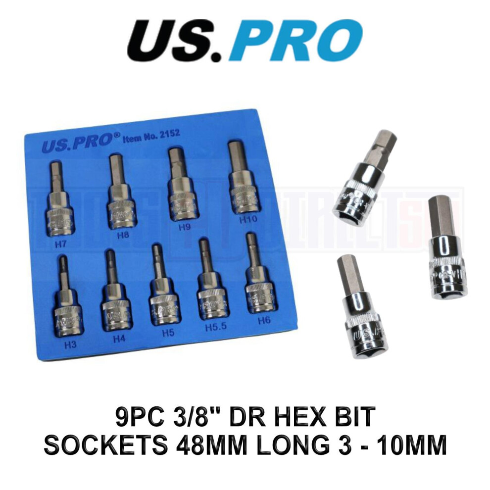 US PRO Tools 9PC 3/8" DR Hex Allen Bit Sockets 48mm Long 3 - 10mm 2152