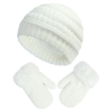 (white-S) Children's Hat Gloves Set Boys and Girls Knitted Hat Plus Velvet Knitted Gloves Bag Set