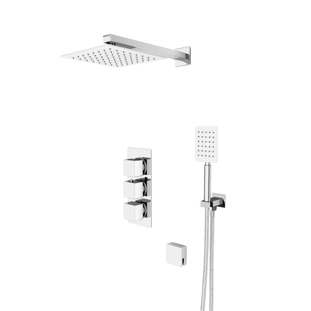 Olive Square 3 Way Concealed Thermostatic Shower Mixer Valve, Shower Head, Handheld, Bath Filler Set Chrome