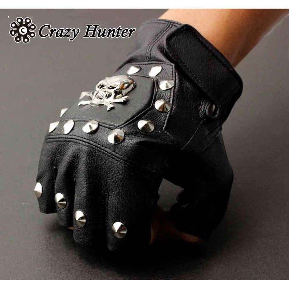 Men's Real Leather Skull Punk Rocker Driving Motorcycle Biker Fingerless Gloves Multicoloured 885658103644