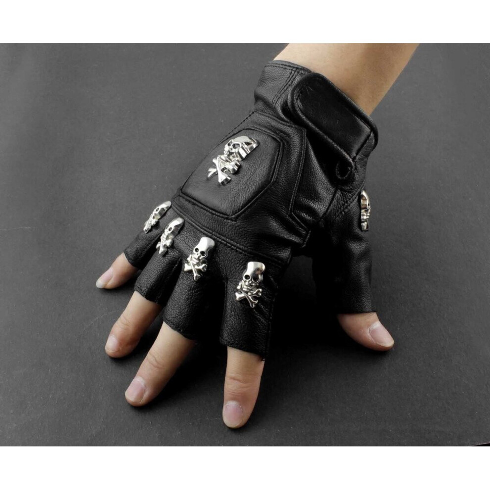 Mens Real Leather Skull Punk Rocker Driving Motorcycle Biker Fingerless Gloves Multicoloured 885658113582