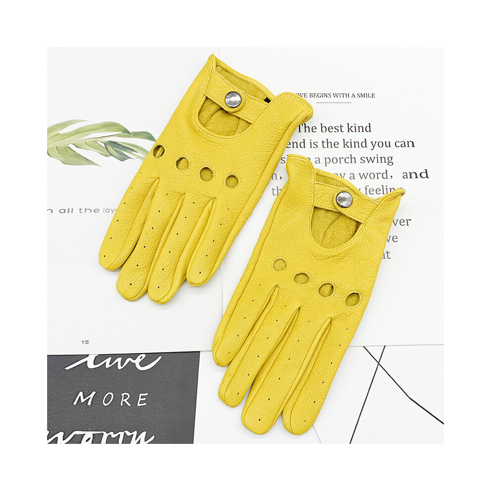(Yellow White-L) All Fingers Leather Gloves Men's Retro Motorcycle Spring Autumn Winter Four Seasons Lightweight Gloves Solid Wrist-image-OPC-PBQRYJC-NEW