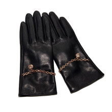 (Black-XL) Latest Gloves Sheepskin Real Leather Woman Gloves Chain Decoration Winter Thicken Plus Velvet Female