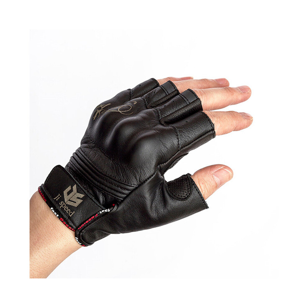 (-M) Fast Goatskin Leather Motorcycle Half Finger Glove Motorbike Moto Hard Fingerless Riding Biker Protective Gear For Men Women Black 885658183295